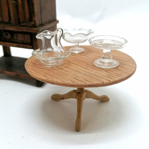 54 - Qty of vintage dolls house wooden furniture with glass tableware and pair of decorative horses - tab... 