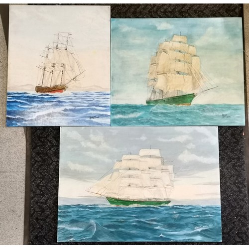 66 - 3 x original oil paintings on board of tall masted ships signed L Street - largest 70cm x 50cm