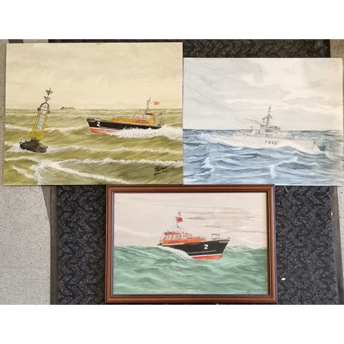 67 - 3 x original oil paintings of boats by L Street inc 2 of pilot boats (1 framed 40cm x 58cm)