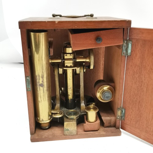 75 - Antique brass & steel microscope in original mahogany case with spare / extra lenses - box is 25cm x... 