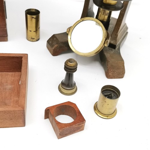 75 - Antique brass & steel microscope in original mahogany case with spare / extra lenses - box is 25cm x... 