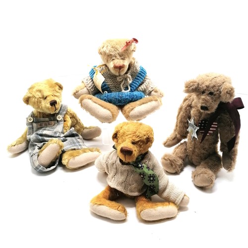 95 - 4 x jointed teddy bears inc 2 x Iris Ware (tallest 34cm) ~ the bear with green scarf has small hole ... 