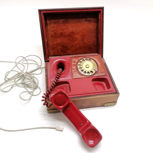 96 - Vintage novelty Telcerphone telephone in a mahogany & brass hinged lidded box with leather detailing... 