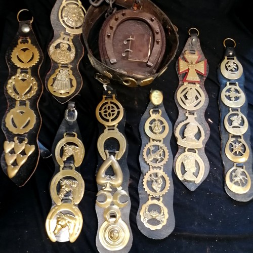 101 - Large lifetime collection of horse brasses - mostly on leather straps inc antique, RSPCA, monarchs, ... 