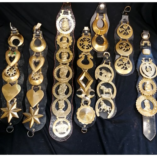 101 - Large lifetime collection of horse brasses - mostly on leather straps inc antique, RSPCA, monarchs, ... 