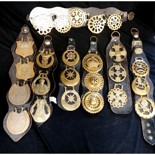 101 - Large lifetime collection of horse brasses - mostly on leather straps inc antique, RSPCA, monarchs, ... 