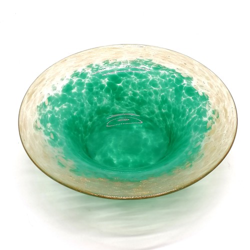 117 - Monart green & gold art glass dish - 27cm diameter ~ light abrasions to base otherwise no obvious da... 