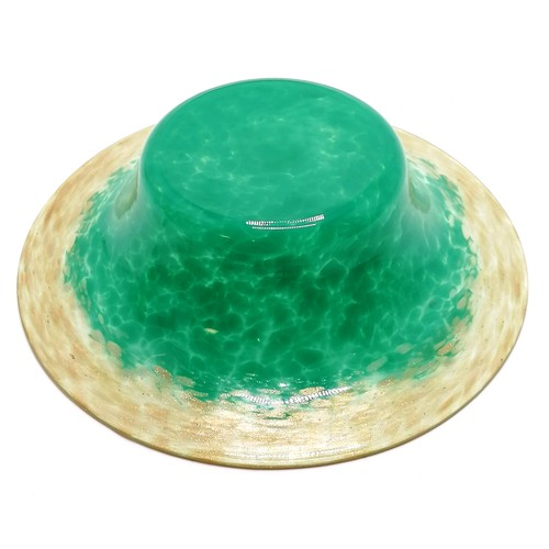 117 - Monart green & gold art glass dish - 27cm diameter ~ light abrasions to base otherwise no obvious da... 