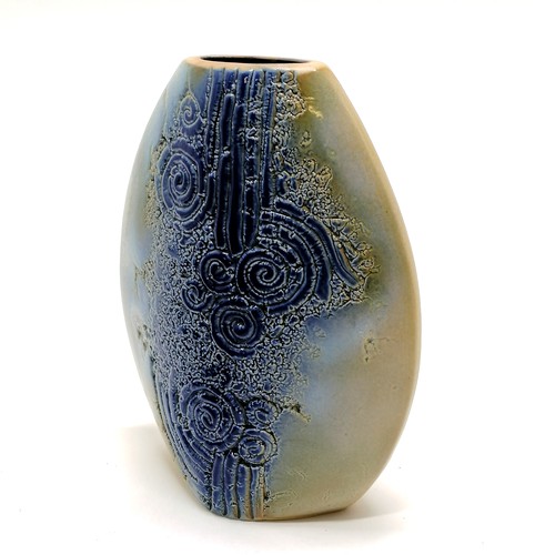 120 - Tenmoku Malaysian pottery vase (20cm) with original label to base t/w Chris Richards art pottery che... 