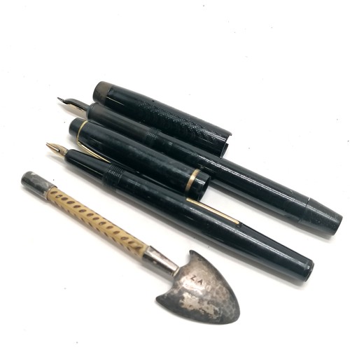 128 - 2 fountain pens with 14ct gold nibs, unusual miniature miners shovel / spoon stamped ZAG (10cm) & an... 