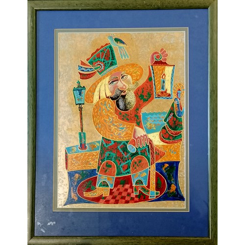 144 - Aschat Achmetov c.2000 original mixed media painting of a Russian personality - frame 53cm x 41.5cm