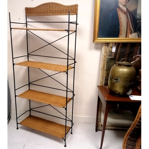 168 - Mid Century folding metal and rattan tall shelving unit  186cm high x 83cm wide