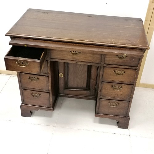 178 - Antique oak small kneehole desk on bracket feet with a brush slide 94cm long x 68cm high x 48cm wide... 