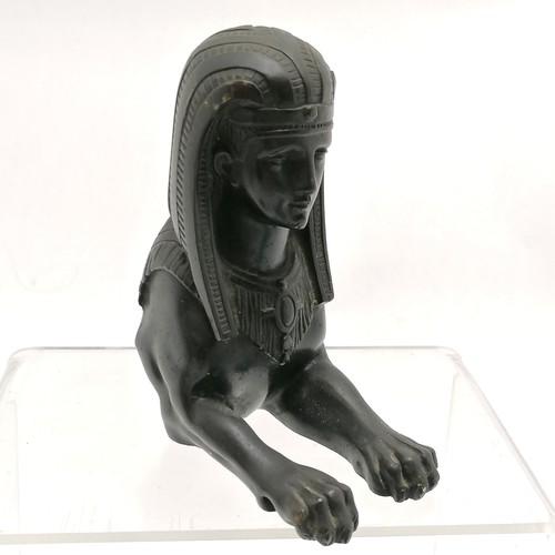 182 - Ralph Blanchard antique shabti on wooden display sarcophagus, bronze sphinx bookend (11cm high) etc