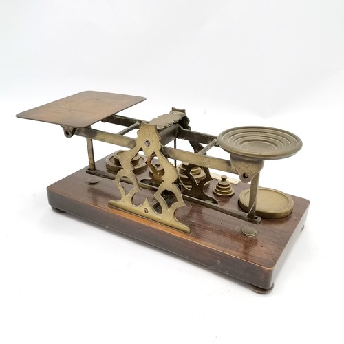 209 - S Mordan & Co antique letter balance scales with multiple weights - 12cm high x 27cm x 14cm