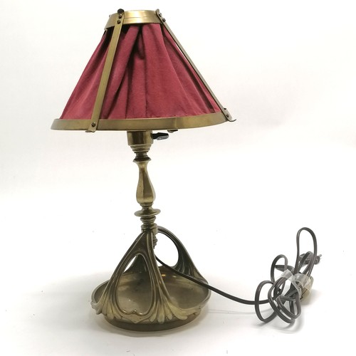 212 - Art Nouveau brass  lamp with original gallery & cloth shade - 38cm high and has registration mark ~ ... 