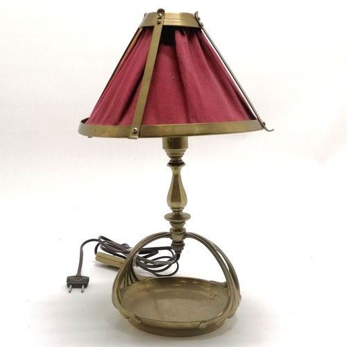 212 - Art Nouveau brass  lamp with original gallery & cloth shade - 38cm high and has registration mark ~ ... 