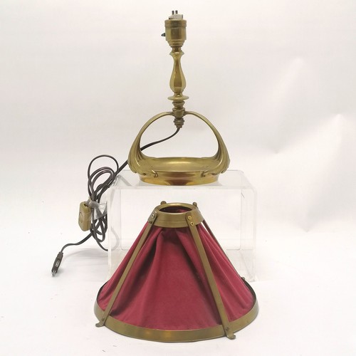 212 - Art Nouveau brass  lamp with original gallery & cloth shade - 38cm high and has registration mark ~ ... 