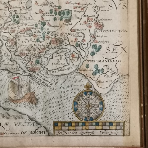 216 - 17th century (1607) framed map of (Hampshire) Hamshire - Olim pars belgarum by John Norden (1548-162... 