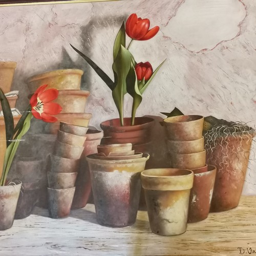 220 - D Valentine still life painting of tulips with terracotta pots - frame 85.5cm x 107cm ~ has scuff to... 