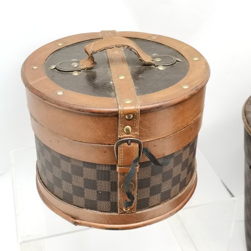 224 - 3 wooden containers with Louis Vuitton style fabric coverings largest 38cm accross x 29cm high