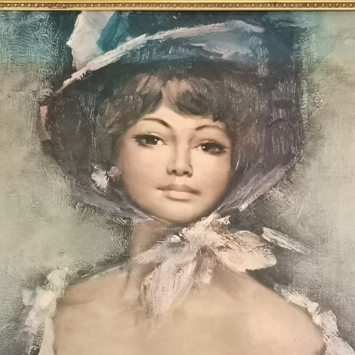 244 - Mid century print of a glamorous young lady wearing a bonnet after Paul Ruegg - gilt frame 78cm x 58... 