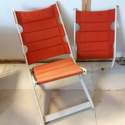 248 - Pair of Habitat mid century white painted folding chairs and detachable footrests with original oran... 