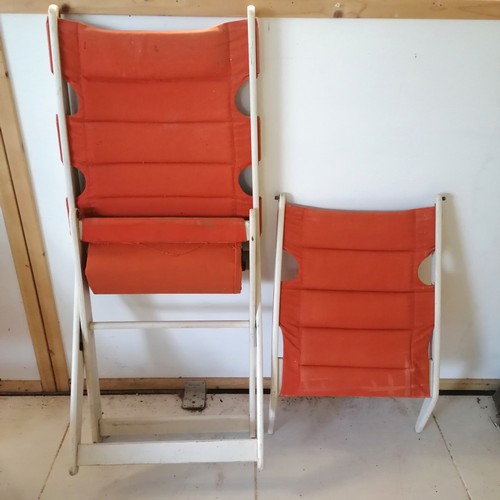 248 - Pair of Habitat mid century white painted folding chairs and detachable footrests with original oran... 