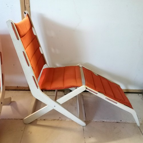 248 - Pair of Habitat mid century white painted folding chairs and detachable footrests with original oran... 