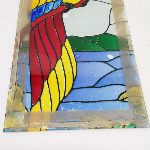 250 - Glass panel with hand painted Macaw detail 61cm x 30.5cm - some losses to the paint