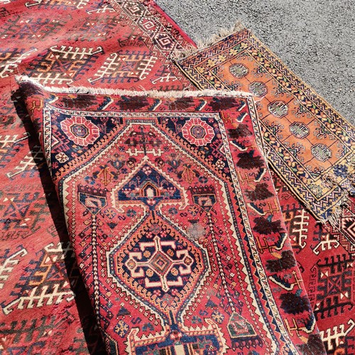 256 - 3 x Rugs inc runner - largest red grounded wool rug 300cm x 220cm - all have obvious signs of wear