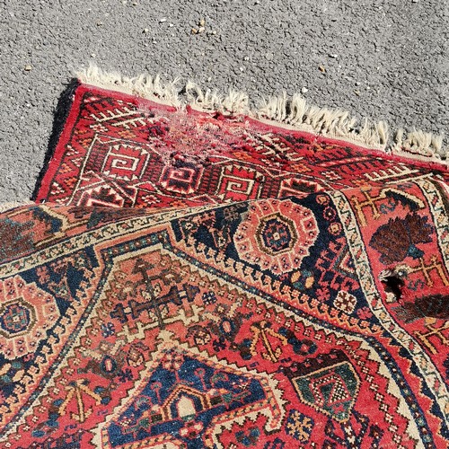 256 - 3 x Rugs inc runner - largest red grounded wool rug 300cm x 220cm - all have obvious signs of wear