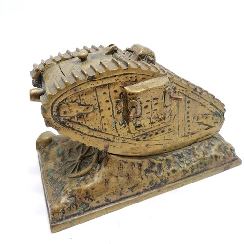 285 - Large bronze inkwell in the form of a WWI tank - 22cm x 13cm x 14cm high & lacks glass insert