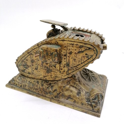 285 - Large bronze inkwell in the form of a WWI tank - 22cm x 13cm x 14cm high & lacks glass insert