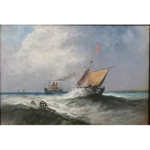 295 - 2 x antique original oil paintings on board of boats / seascapes - unsigned & frames 45.5cm x 61cm ~... 