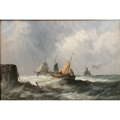 295 - 2 x antique original oil paintings on board of boats / seascapes - unsigned & frames 45.5cm x 61cm ~... 