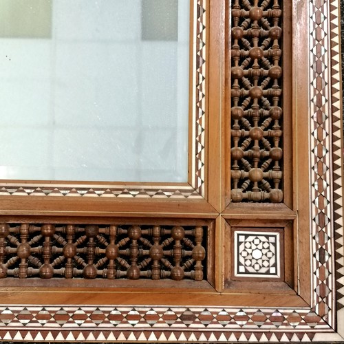 313 - Moorish mirror frame with bone and mother of pearl detail with bevelled mirror plate - 66cm x 60cm w... 