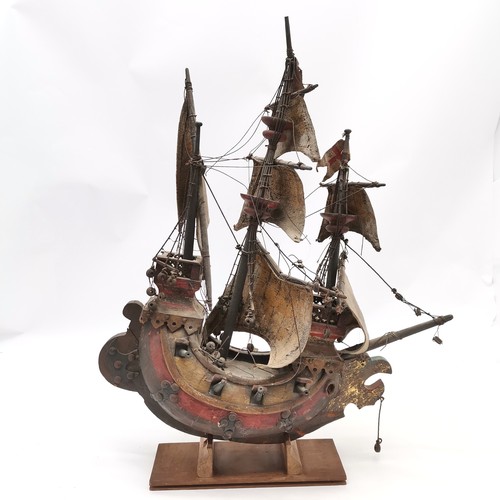 318 - Vintage carved wooden galleon with hand painted detail on a wooden stand - Total height 57cm - has a... 