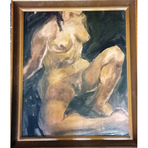 333 - Mid century oil on board of a female nude unknown artist 92cm x 79cm including frame.