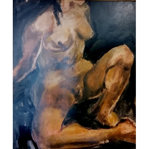 333 - Mid century oil on board of a female nude unknown artist 92cm x 79cm including frame.