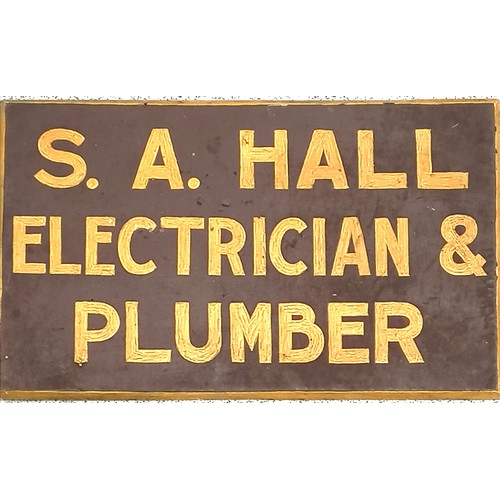 343 - Vintage hand painted wooden sign S A Hall electrician & plumber - 32cm x 20cm