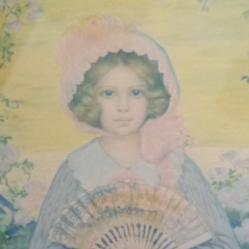 349 - Antique Edward Gross print of a girl with a fan by José Simont (1875-1968) - frame 51cm x 45.5cm