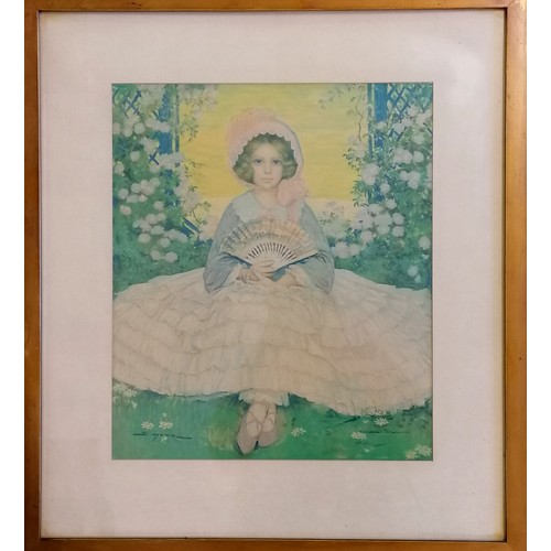 349 - Antique Edward Gross print of a girl with a fan by José Simont (1875-1968) - frame 51cm x 45.5cm