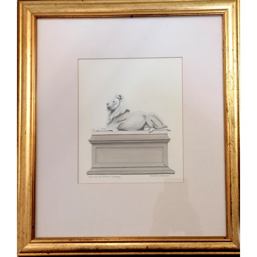 366 - Andras Kalow original drawing of marble lion at New York Public Building - frame 41cm x 36cm