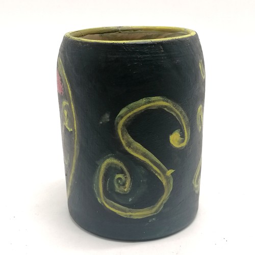 2 - Studio pottery hand painted tankard with face detail signed JP - 12.5cm high - 1 small paint loss wi... 