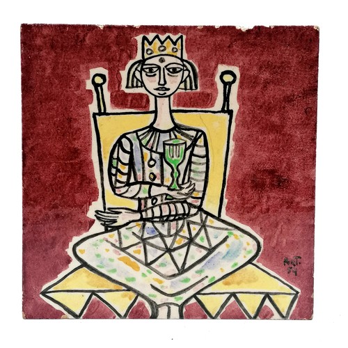 3 - 1954 René Portocarrero (1912-85) abstract large ceramic tile depicting a seated king - 25cm square x... 