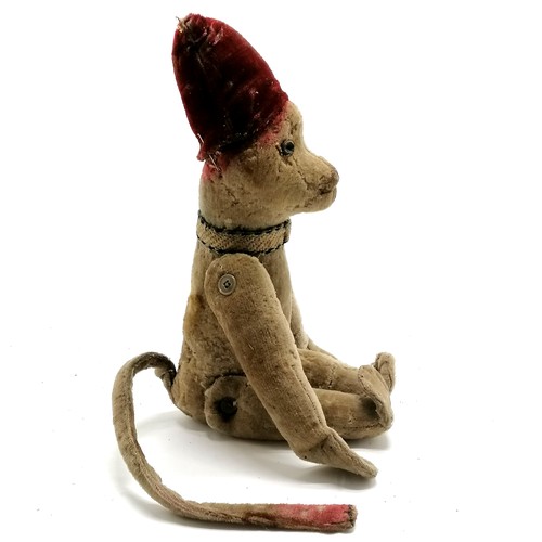 4 - Antique toy jointed monkey wearing a fez style hat & has leather button eyes - 40cm tall and obvious... 