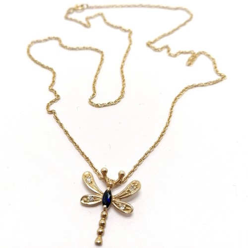 406 - 9ct hallmarked gold dragonfly pendant set with diamonds & sapphire on a 9ct hallmarked gold 40cm fin... 