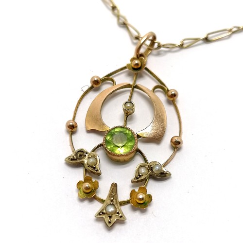 407 - Antique 9ct marked gold Art Nouveau pendant set with green stone & pearl (4cm drop) on an antique 9c... 