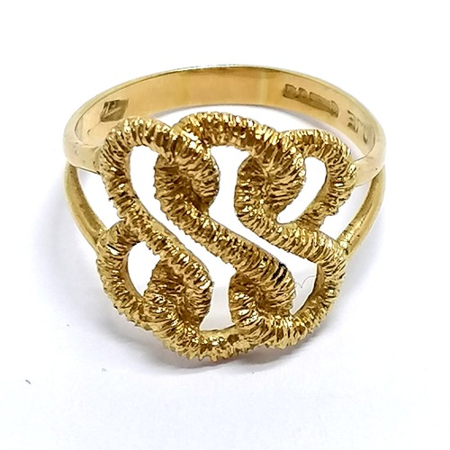 419 - 18ct hallmarked gold rope twist open knot design ring by DJE - size P & 4.1g - SOLD ON BEHALF OF THE... 